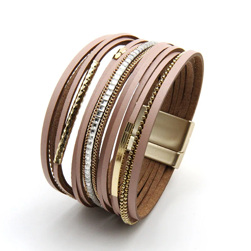 ZG Leather Bracelet for Women Jewelry X Cross Magnet Snake Skin Pattern Rhinestone Wrap Multilayer Bangles Female Jewelry