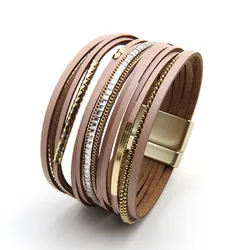 ZG Leather Bracelet for Women Jewelry X Cross Magnet Snake Skin Pattern Rhinestone Wrap Multilayer Bangles Female Jewelry