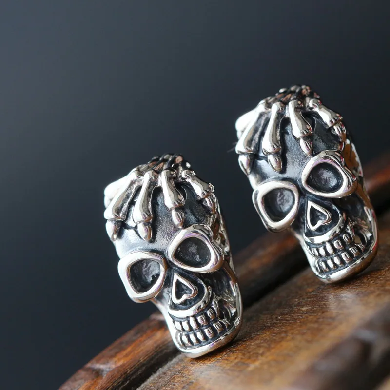 925silver wholesale Vintage silver skull earrings Hip-hop non-mainstream male money 925 sterling silver earrings