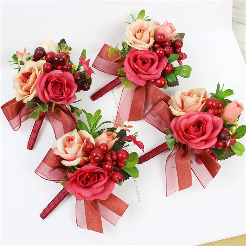 

Men Boutonniere Bridesmaid Sisters Wrist Corsage Artificial Bride Hand Flowers For Wedding Prom Party Decor Beautiful Rose Bunch