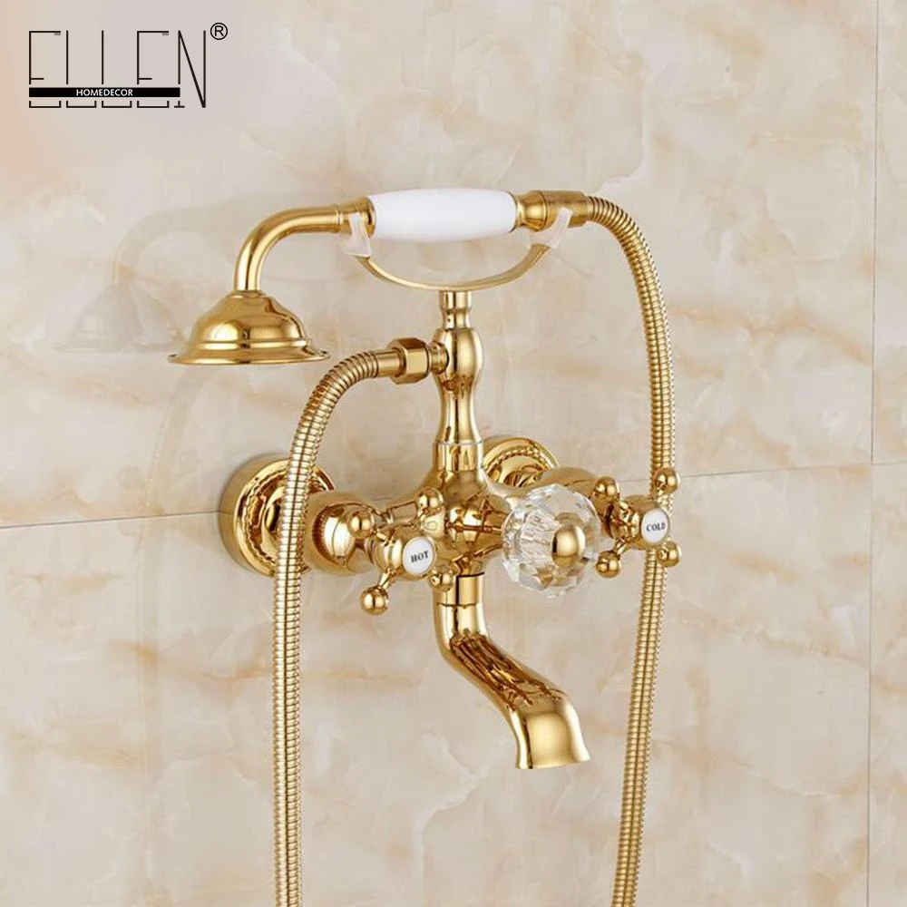 Luxury Crystal Handle Bathtub Gold Brass Faucet with Hand Shower Telephone Type Bath Faucets Sets Mixer Tap Wall Mounted EL8310G