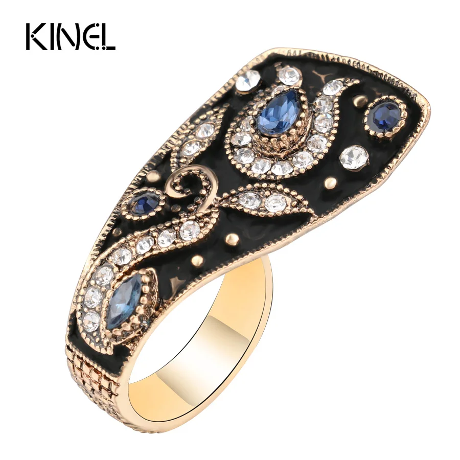 Kinel Unique Vintage Wedding Ring Jewelry Black Enamel Color Ancient Gold Party Blue Rings For Women Luxury Crystal Gifts