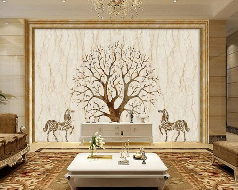 

Custom wallpaper home decoration tree with horse marble picture luxury hall interior background walls 3d wallpaper