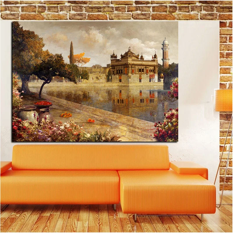 Print Retro European Buildings Oil Painting on Canvas Art Landscape Wall Picture Lake Garden Boat for Living Room Sofa Cuadros