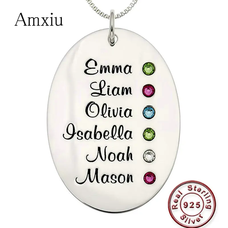 

Amxiu Personalized 925 Silver Necklace Engrave 1-6 Names with Birthstones Oval Pendant Necklace Custom Any Name Necklace Jewelry