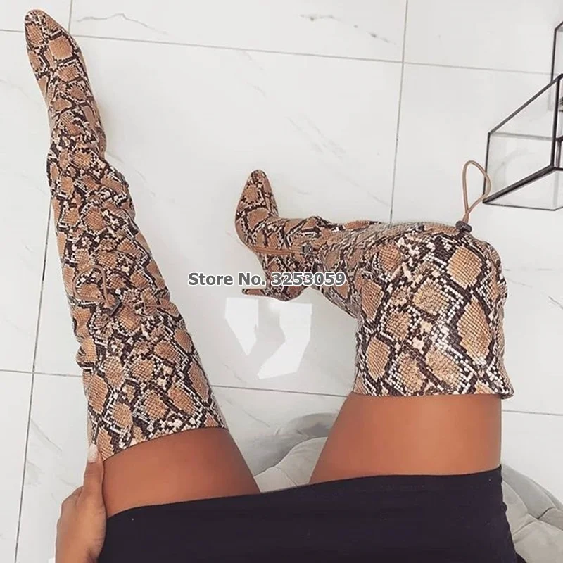 ALMUDENA Women Sexy Grey Snakeskin Printed Over-the-knee Boots Stiletto Heels Lace-up Python Thigh High Boots Long Sandal Boots