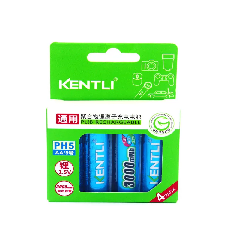 KENTLI 1.5v 3000mWh AA polymer lithium li-ion rechargeable batteries battery + 4 slots lithium aa charger