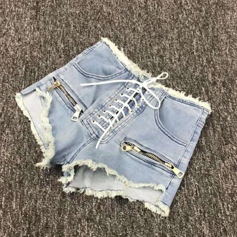 2024 summer new fashion zipper sexy high waist shorts female blue black grey college style lace up Korean denim shorts L215