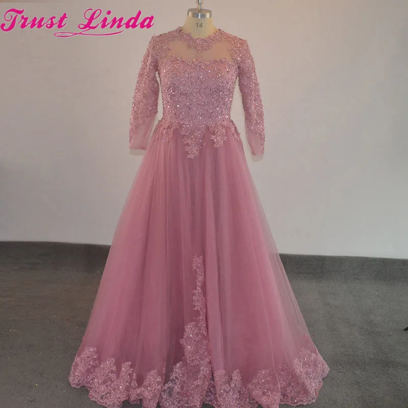 100% as picture Real Sample Pink Long Lace beading Crystal Mother dresses New High Neck  Evening dresses New Style Prom Gowns