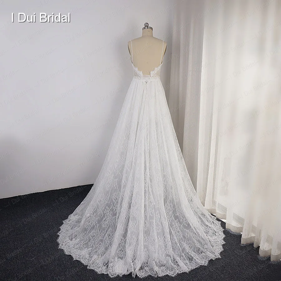 Robe de mariée en dentelle à bretelles Spaghetti perlées, effet d'illusion, encolure, jupe courte à l'intérieur, robe de mariée sur mesure en usine