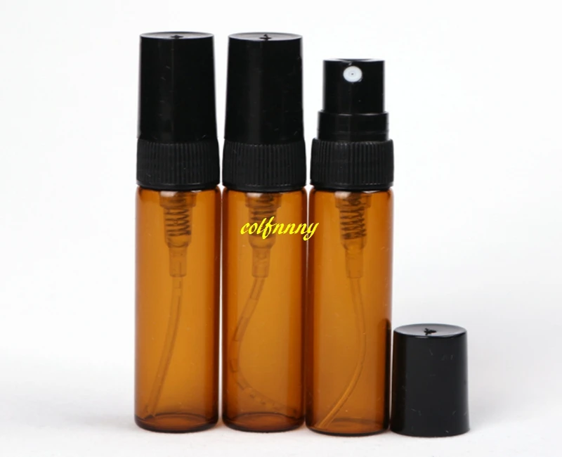 1000pcs/lot Fast shipping 5ML Amber Glass Spray bottle brown Emtpy Refillable Perfume bottles With Plastic cap 14x76mm