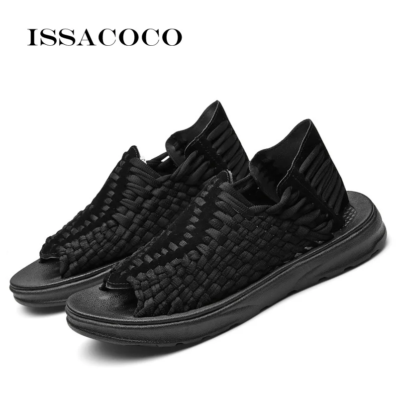 ISSACOCO Men\'s Summer Slippers Men Artificial Weaving Flat Shoes Outdoor Casual Shoes High Quality Non-slip Sandals Adult Beach