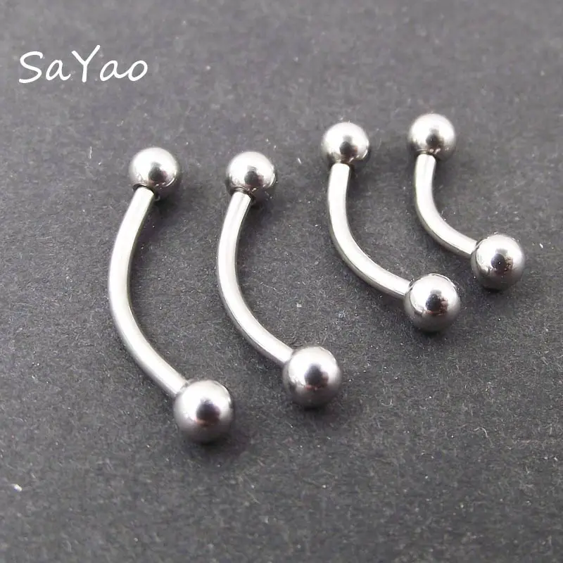 SaYao 2 Pieces 16G Long Eyebrow Ring Stainless Steel Banana Curved Barbell clavicle Tongue Rings Body Piercing Jewelry