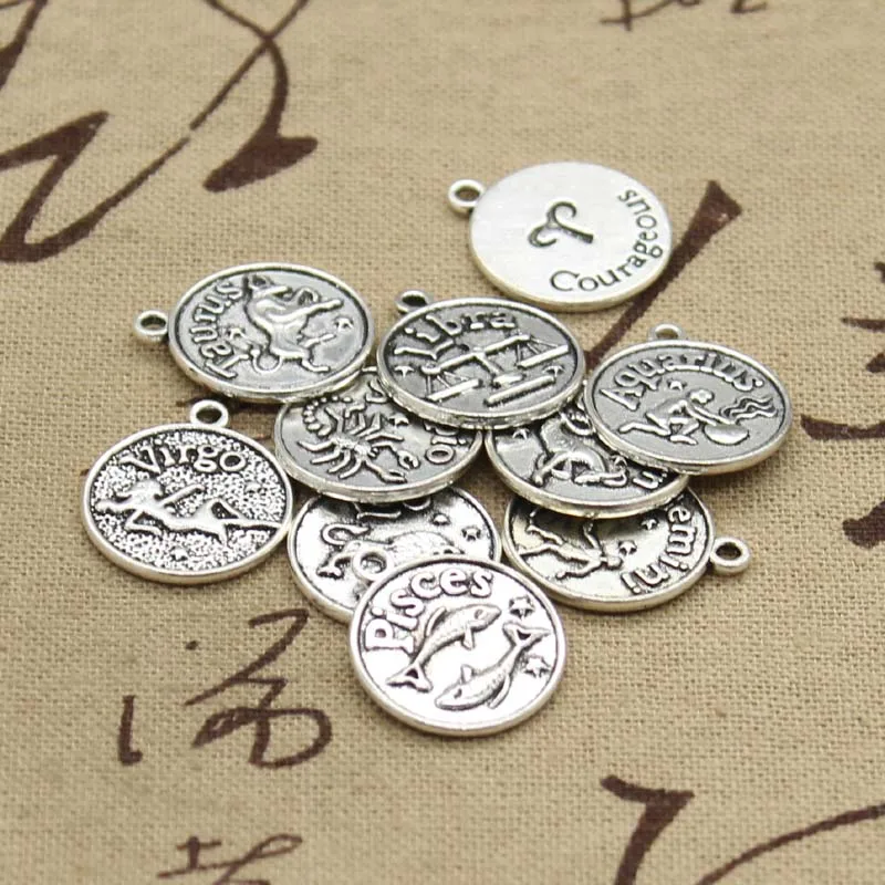 12pcs Charms Zodiac Capricron Aquarius Aries Cancer Leo Libra Taurus Scorpio Sagittarius Vigro Gemini Pisces DIY Antique Pandent