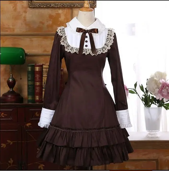 Frühling Lolita Kleid Retro Langarm Maid Spitze Junges Mädchen Frühling Plissee Vintage Schule