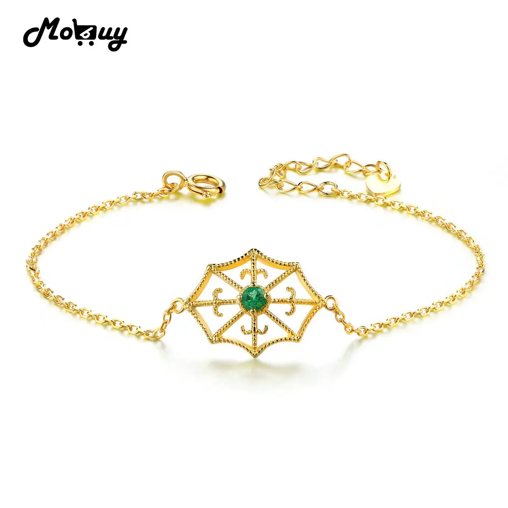 MoBuy MBHI032 Round Natural Emerald Spider Net Hollow Bracelets & Bangles 925 Sterling Silver Yellow Gold Plated Chain For Women