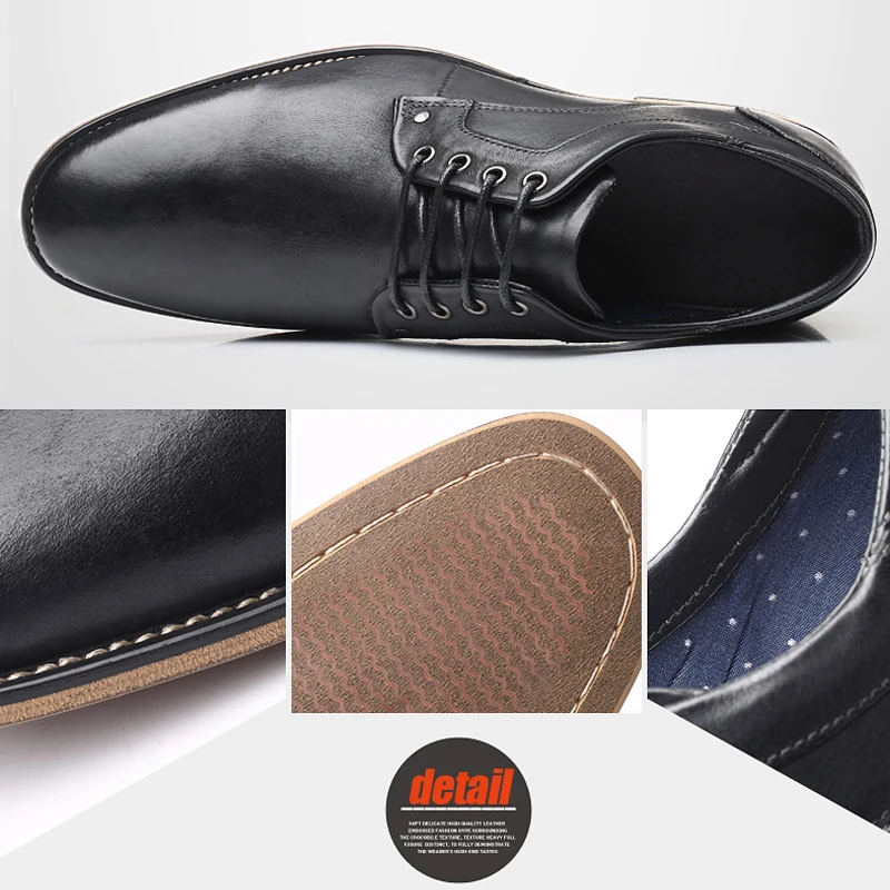 YIGER New Men dress shoes Man formal lace-up shoes Large size Genuine leather business shoes male Increased men\'s shoes 0301