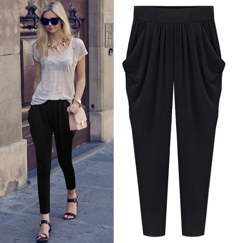 Large Size 6xl 7xl 8xl Soft Silk Harem Pants Ladies Summer Loose Casual Ankle Length Trousers Elastic Waist Capri Pants Woman