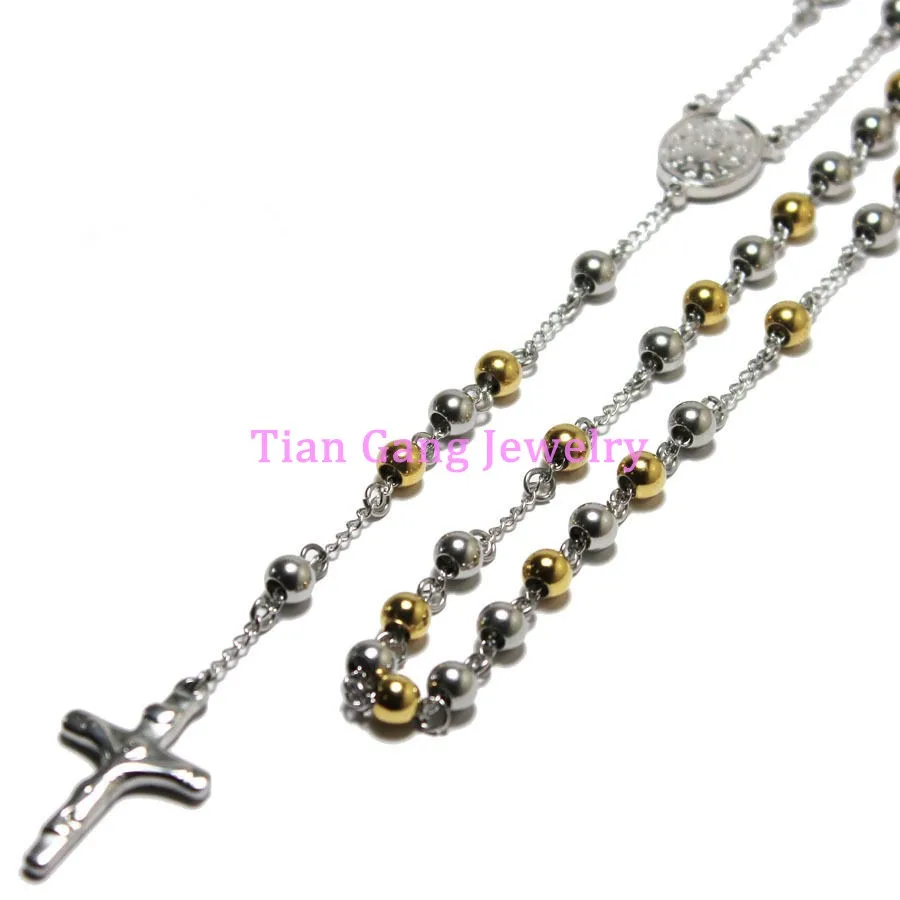 Gold Silver Color 4mm/6mm/8mm Round Bead Rosary Necklace Stainless Steel religious Jesus Crucifix Cross Chain for women Men