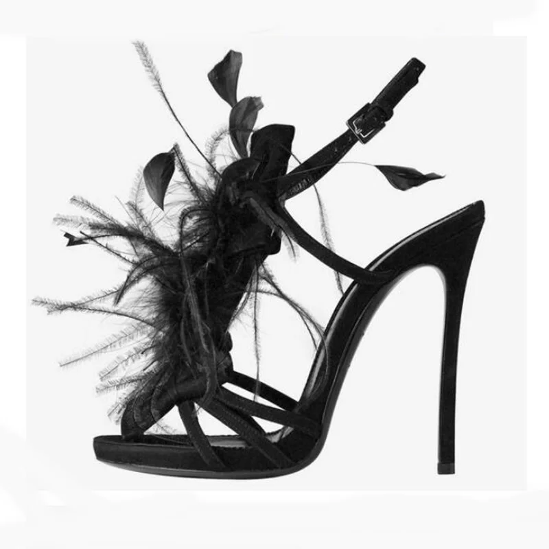 Luxury Shoes Women Designers Feather Decor Catwalk Heels Female Sandals Sexy Strappie Blue Purple Black 11 CM Heels Woman Shoes