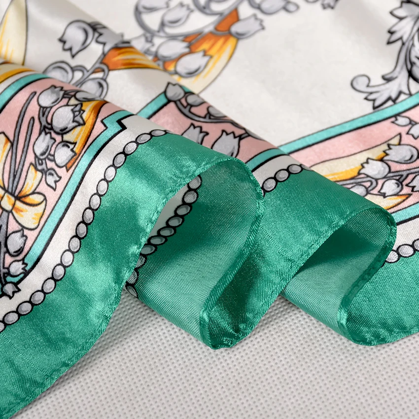 BYSIFA-bufanda de seda para mujer, pañuelo cuadrado de satén con diseño Floral, color verde y blanco, para la cabeza, para invierno