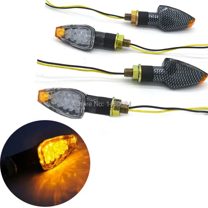 

4 PCS Universal Motorcycle Carbon Fiber Housing Yellow Lens 14 LED Turn Signals LED Lights Indicators Flashers