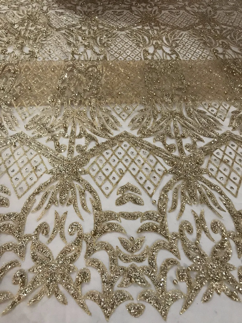 

top selling beaded Hand print glued glitter mesh tulle african lace fabric L-11819 for wedding dress