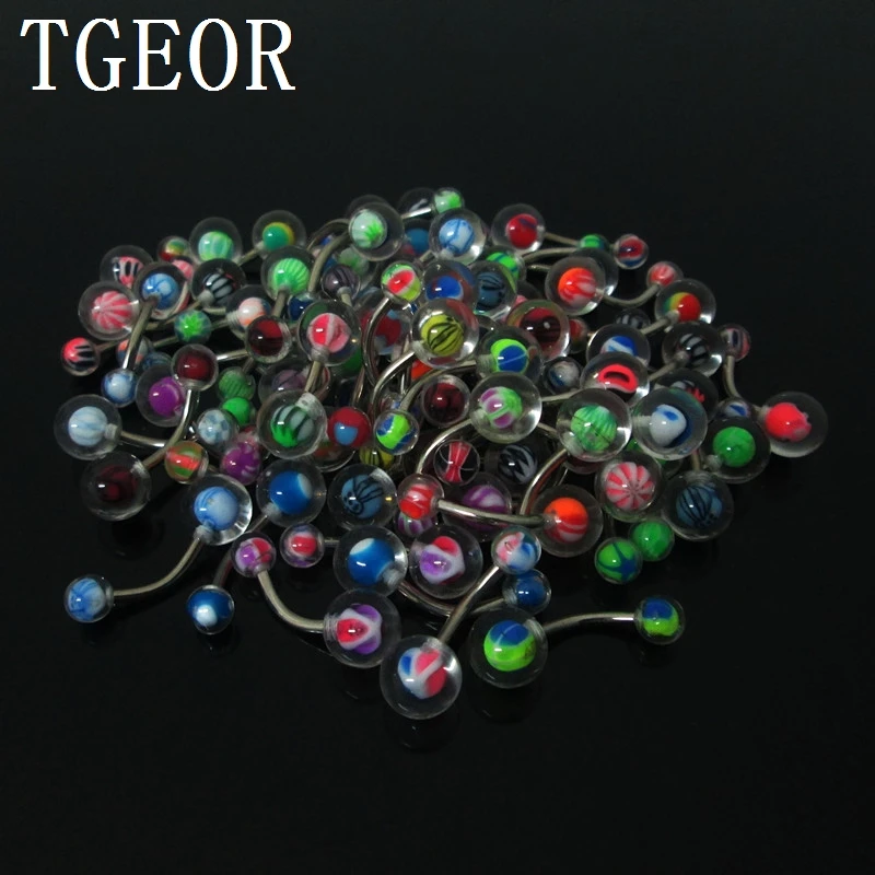 New Hot wholesale belly button ring 100pcs 1.6*10*5/8mm mixed colors inlay logo balls acrylic piercing navel ring free shipping