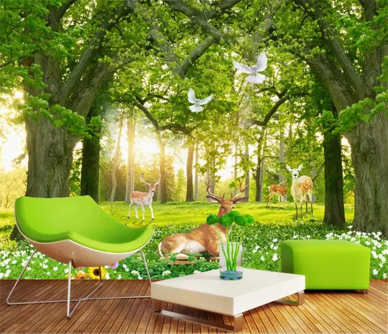 

3D wallpaper modern simple TV background tree blue sky grassland sika deer pigeon flower decorative mural photo wallpaper wall 3