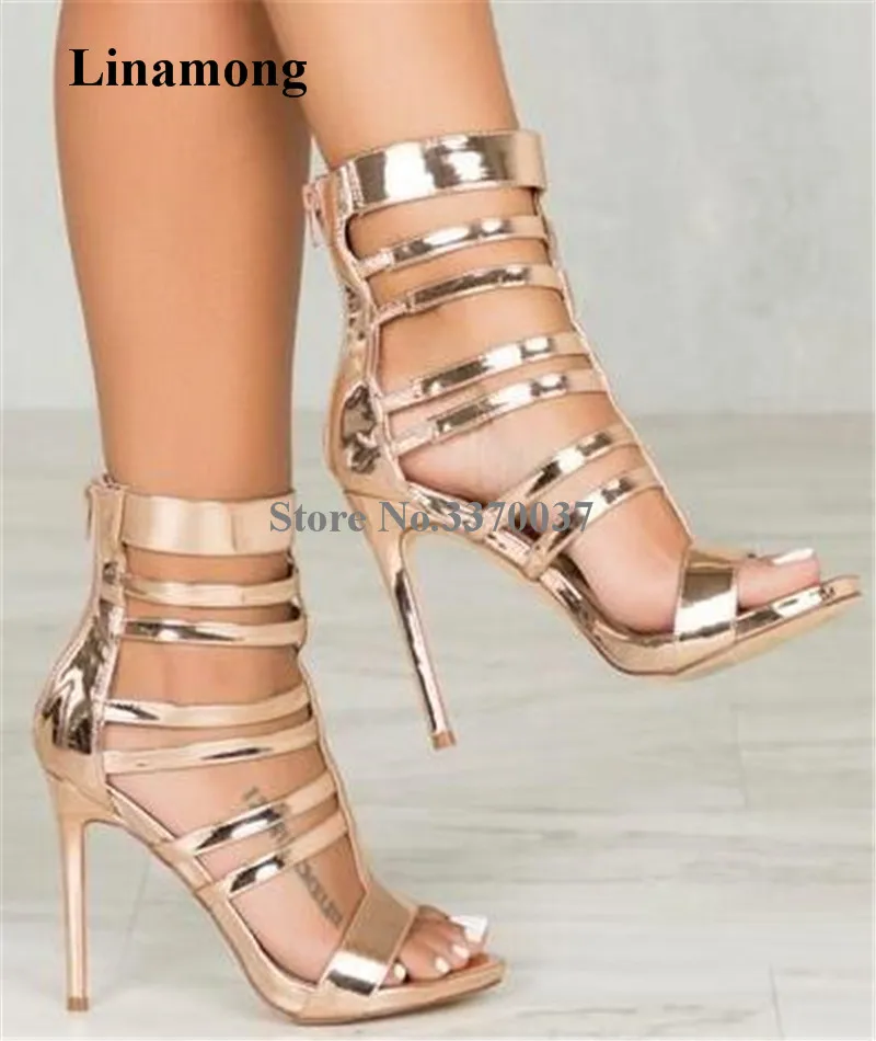 

Summer New Fashion Women Open Toe Patent Leather Stiletto Heel Gladiator Sandals Cut-out Gold Zipper-up High Heel Sandals