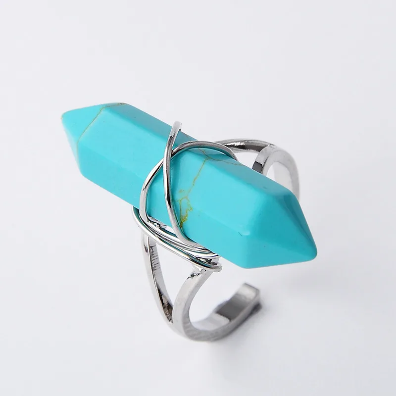 Reiki Natural Stone Finger Ring Prism Point Chakra Silver Plated Wire Wrapped Lapis Lazuli Black Obsidian Party Ring Jewelry