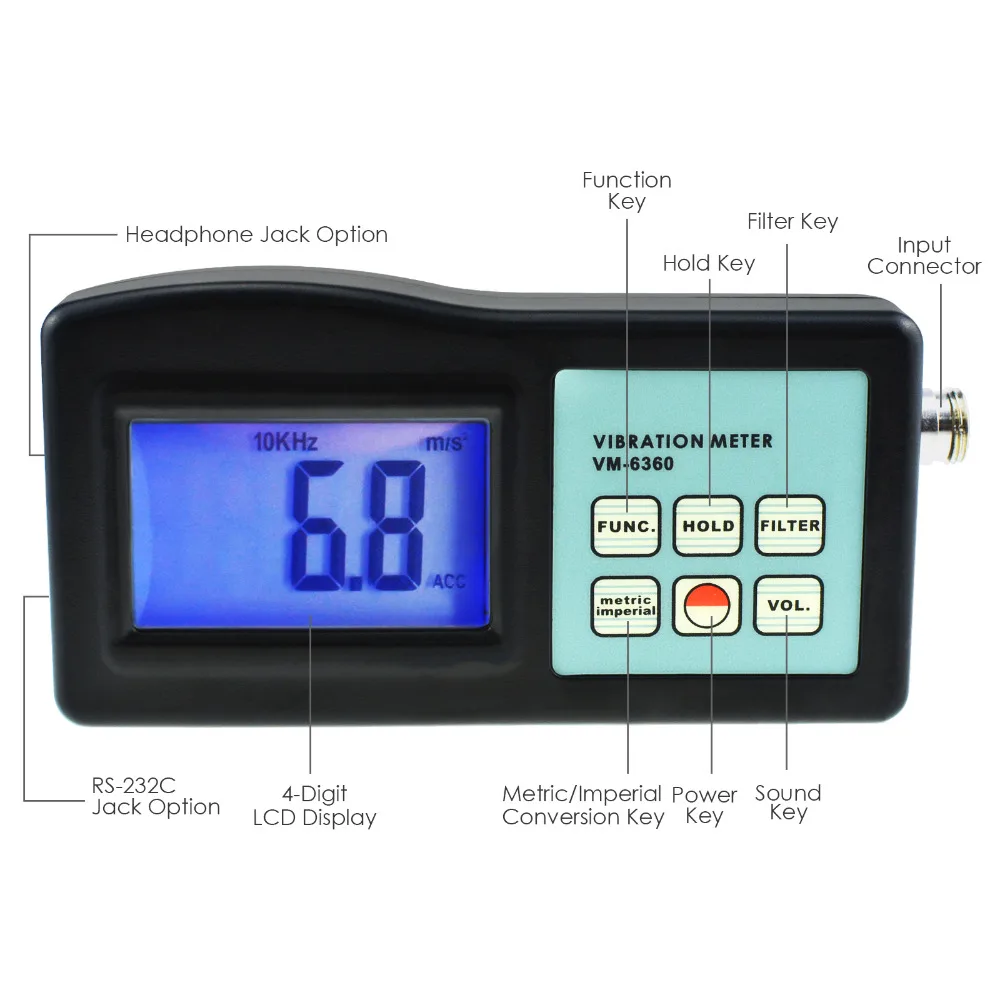 Digital Vibration Meter Vibrometer Gauge Tester Analyzer 10Hz-10kHz Measures Acceleration Velocity Displacement RPM Frequency