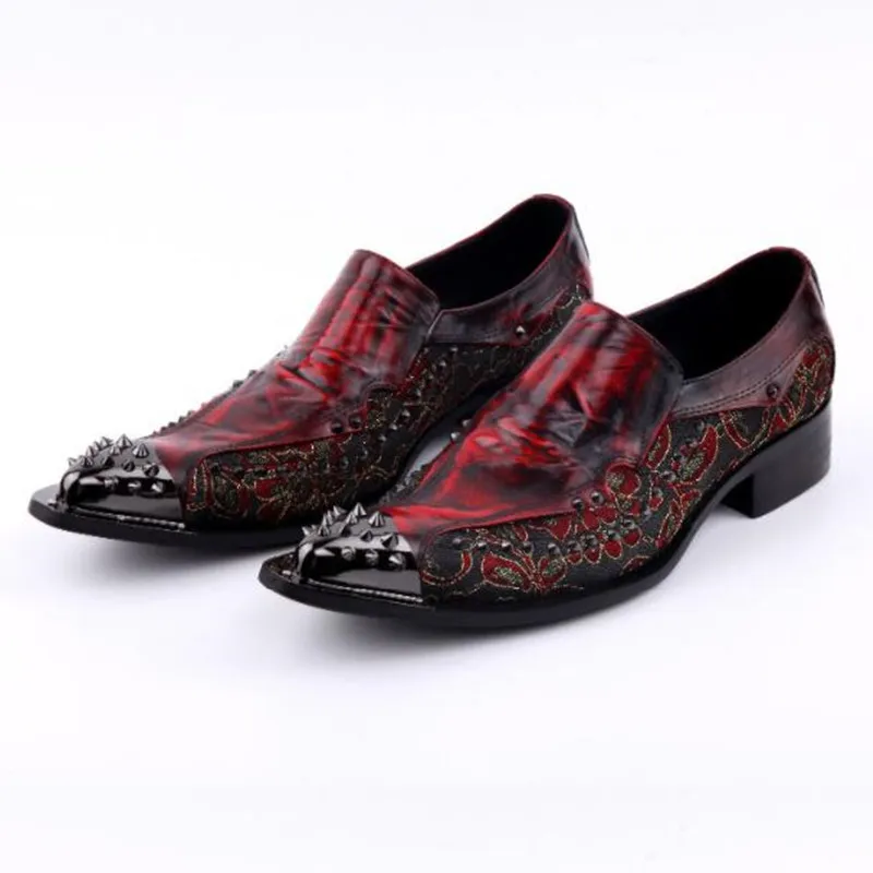 

Red black fashion men shoes luxury brand metallic handmade formal punk shoes mens studded loafers dress wedding shoes lasts