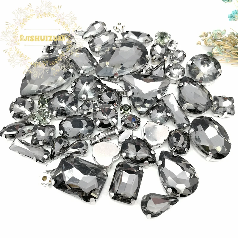 58pcs 10shapes 25sizes Mix Gray shape and sizes Glass Crystal rhinestones silvery bottom DIY Clothing accessories