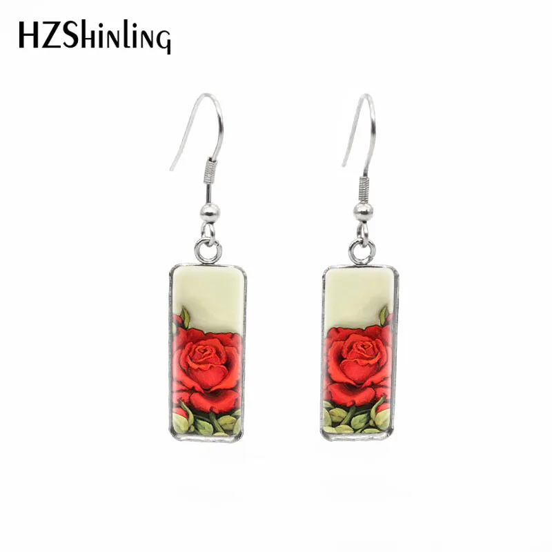 2019 New Red Rose Rectangular Earring Flowers Art Fish Hook Earring Romantic Ear Rings Hand Craft Glass Jewelry