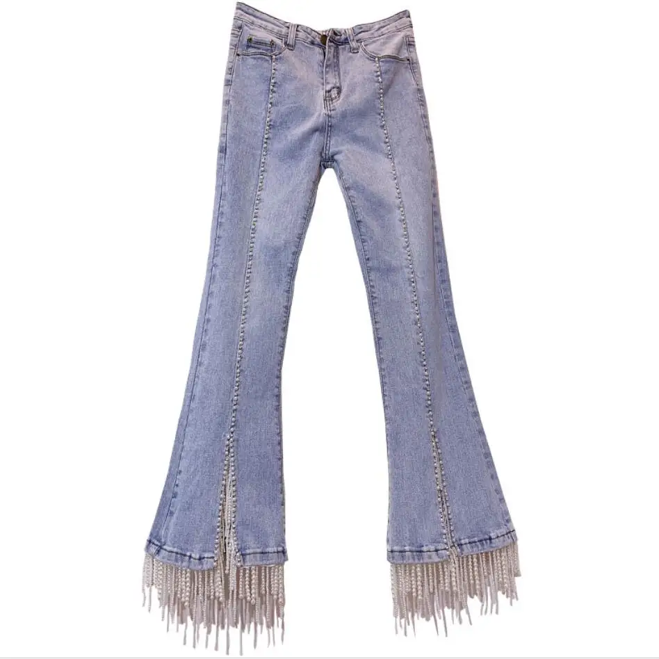 

Jeans Women Fashion high waist High Quality pearl beading Tassel Cowboy Denim Pants flare jeans