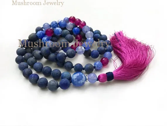 MJN181208 Hand Knot Lapis Lazuli Beads Necklace,Hand Knotted 108 Mala Tassel Necklace