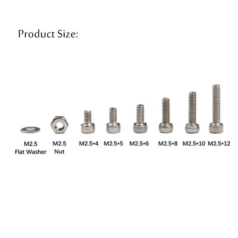 250Pcs Hex Socket Screws Bolts Nut M2.5 Stainless Steel Cap Head Screw Washers Fastener Assortment Kit Repair Tools Set