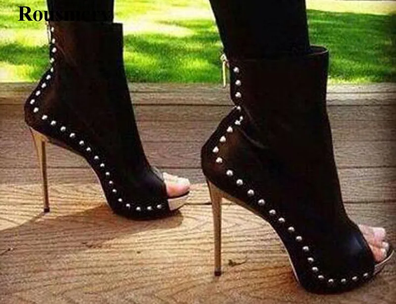 

Hot Sale Women Fashion Open Toe Spike Black High Heel Ankle Boots Stiletto Heel Rivet Platform Gladiator Boots Dress Shoes