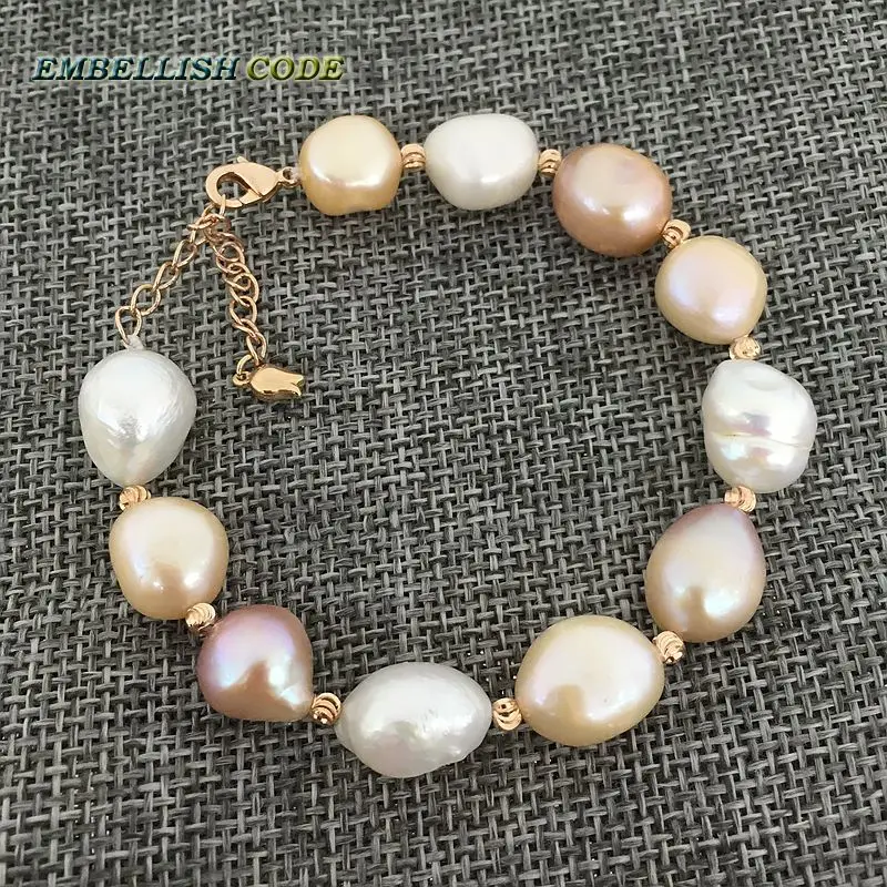 

Rainbow Lustrous semi baroque irregular pearl and rose golden beads bracelet Mixed color white pink purple freshwater pearls