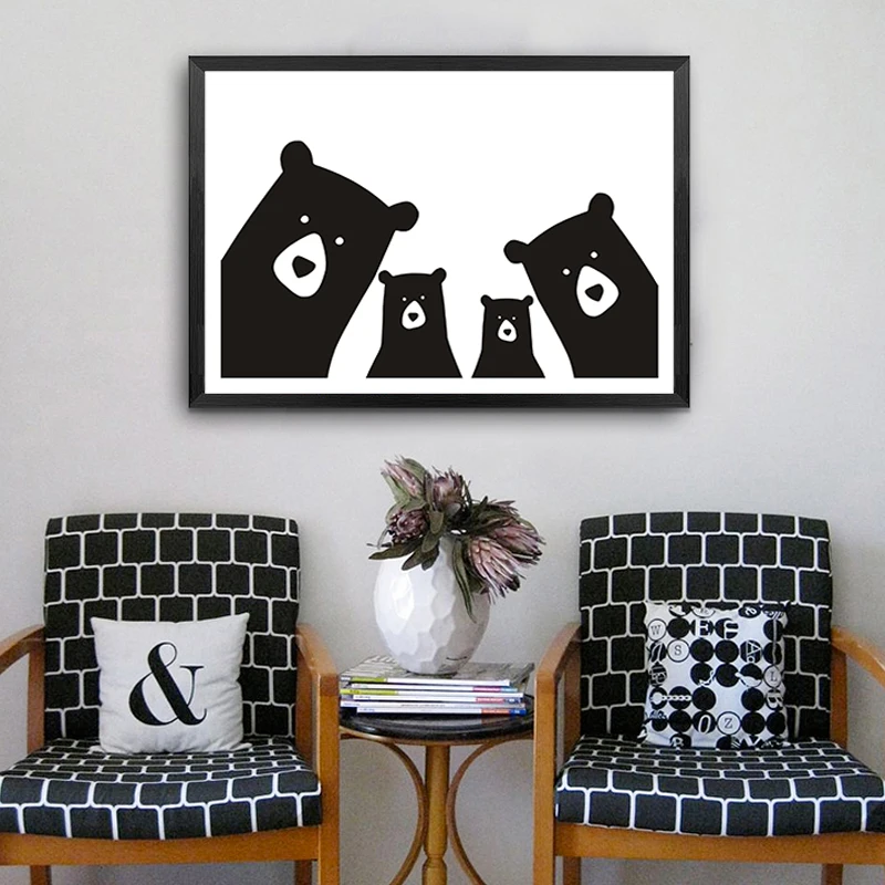 Cute Bear Family Animal Canvas Painting Black White Cartoon Poster Print Nordic Wall Picture Art Nursery Kids Room Home Decor