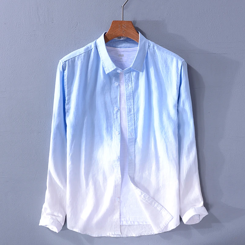 

Suehaiwe's brand Italy style long-sleeved pure linen shirt men blue gradient shirt mens fashion summer tops shirts chemise