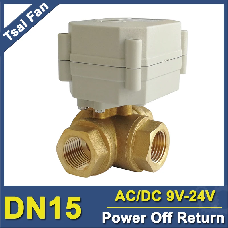 

TF15-BH3-C AC/DC9V-24V Brass 1/2'' (DN15) Horizontal 3 Way T/L Type Power Off Return Actuated Ball Valve With Indicator