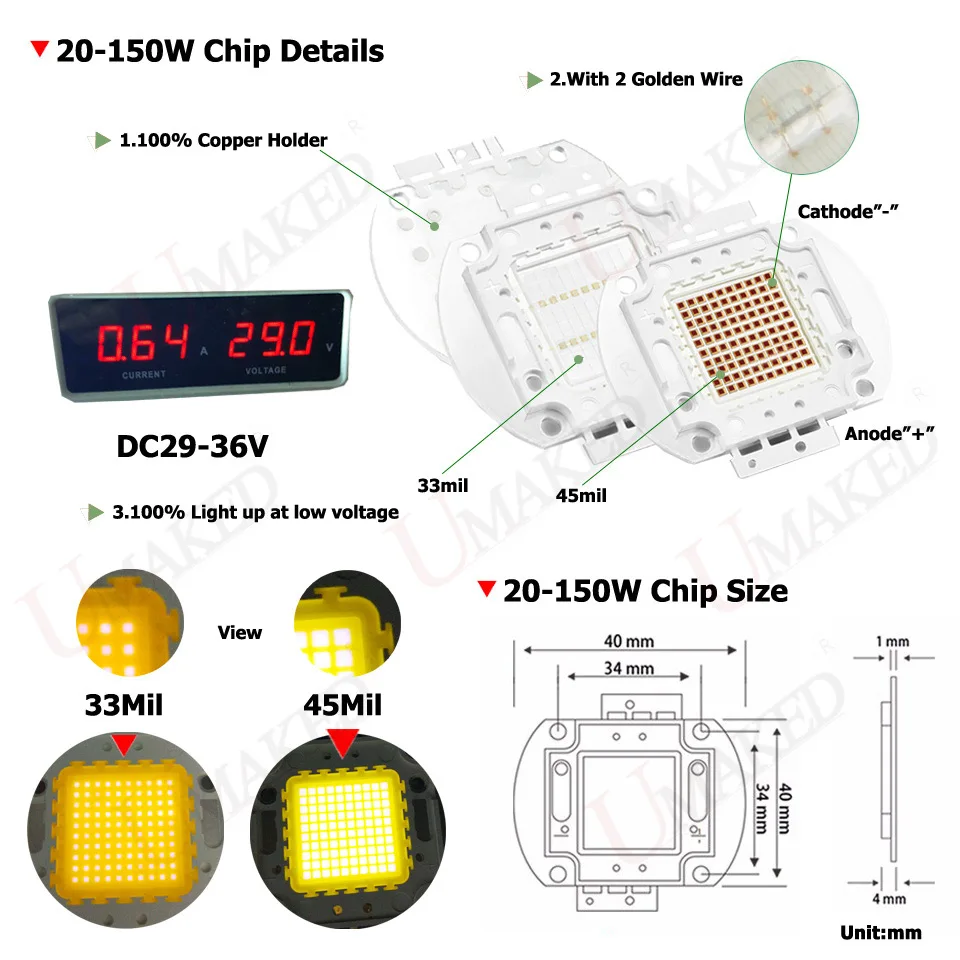 100pcs UMAKED High Power LED COB Light SMD chips Warm Natural White Red Green Blue Yellow 20 30 50 100W Bulb Spotlight COB Diode