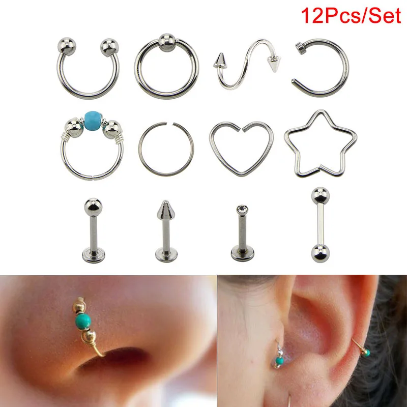 12Pcs/set Different Style Nose Hoop Ear Rings Set Tragus Cartilage Earrings Piercing Body Jewelry