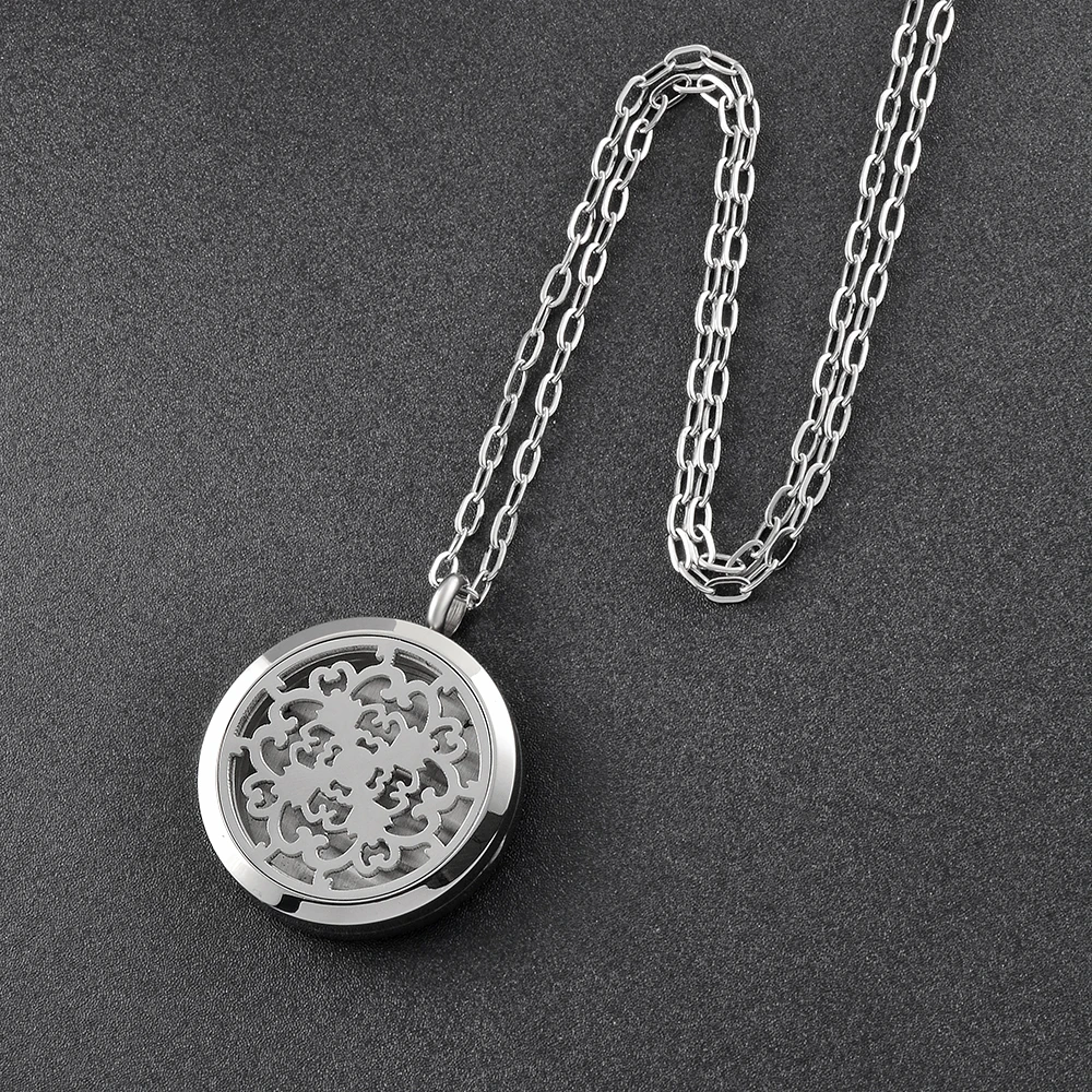 KLH0145  Flower Round Perfume Essential Oil Diffuser Necklace Locket Aromatherapy Necklace With 12 Refill Pads