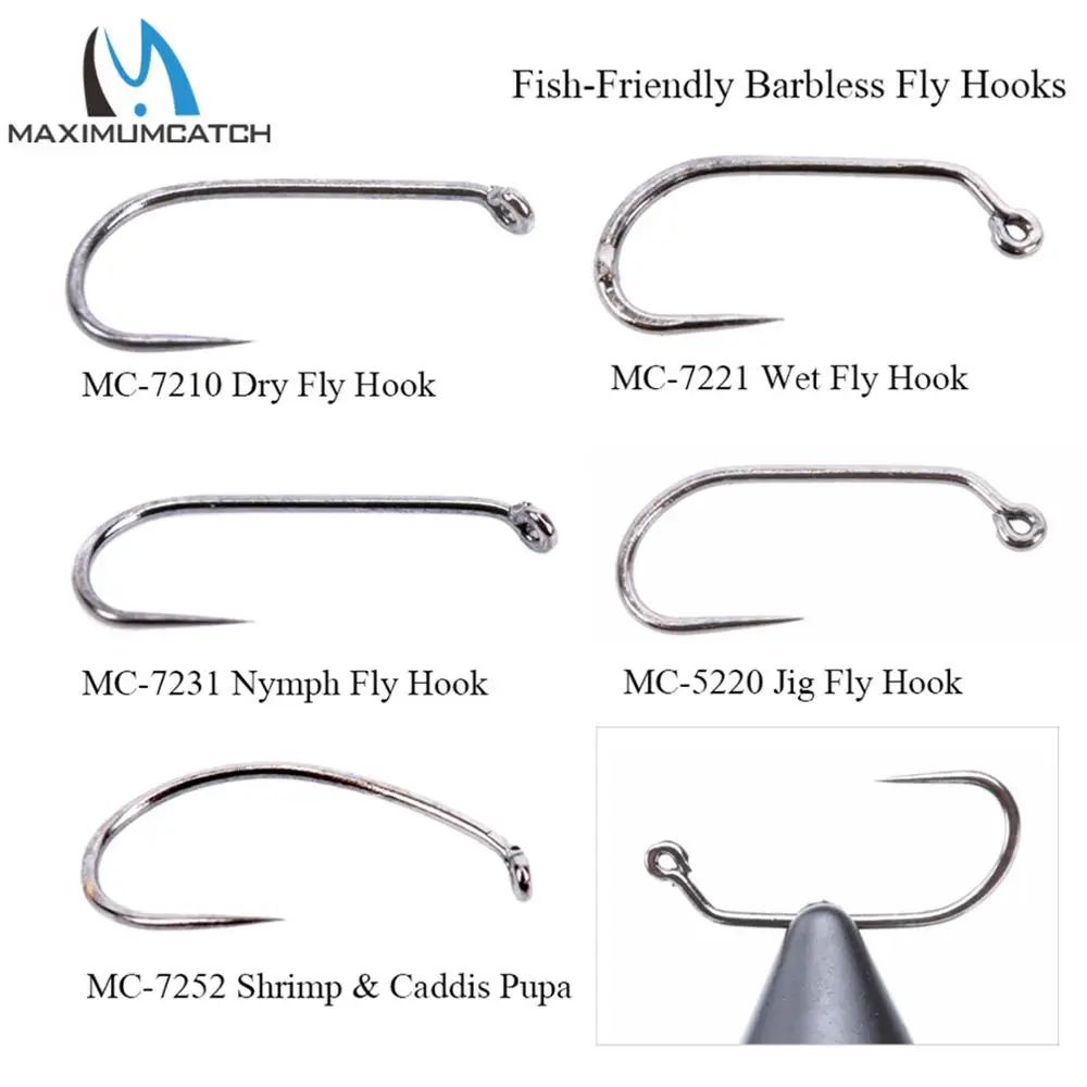 Maximumcatch 100pc Fly Fishing Hook 10#-18# Fish-Friendly Barbless Dry Wet Nymph Shrimp Caddis Pupa Jig Fly Tying Hooks