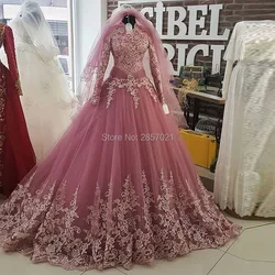 Robe De Mariee Pink Turkish Islamic Wedding Dresses With Veil Muslim Long Sleeve Lace Applique Bridal Dress Arabic Gelinlik