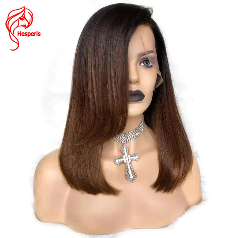 

Hesperis Ombre Lace Front Human Hair Wig Bleached Knots Brazilian Remy Transparent Short Bob Cut Lace Wig Side Bangs For Women