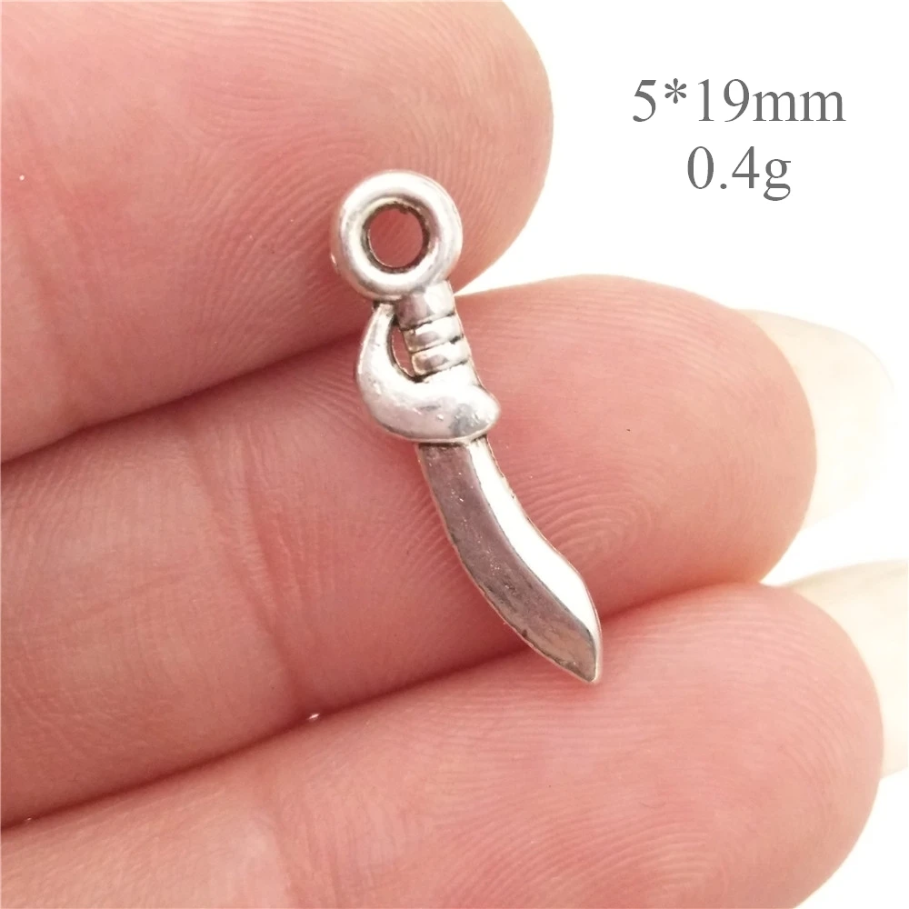 BULK 30 Zinc Alloy Saber Aword Pirate Knife Charms Antique Silver Plated Floating Pendant fit DIY Jewelry Making 5*19mm 0.4g